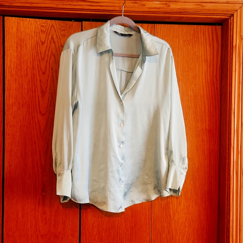Light green satin women's shirt from Zara, size large